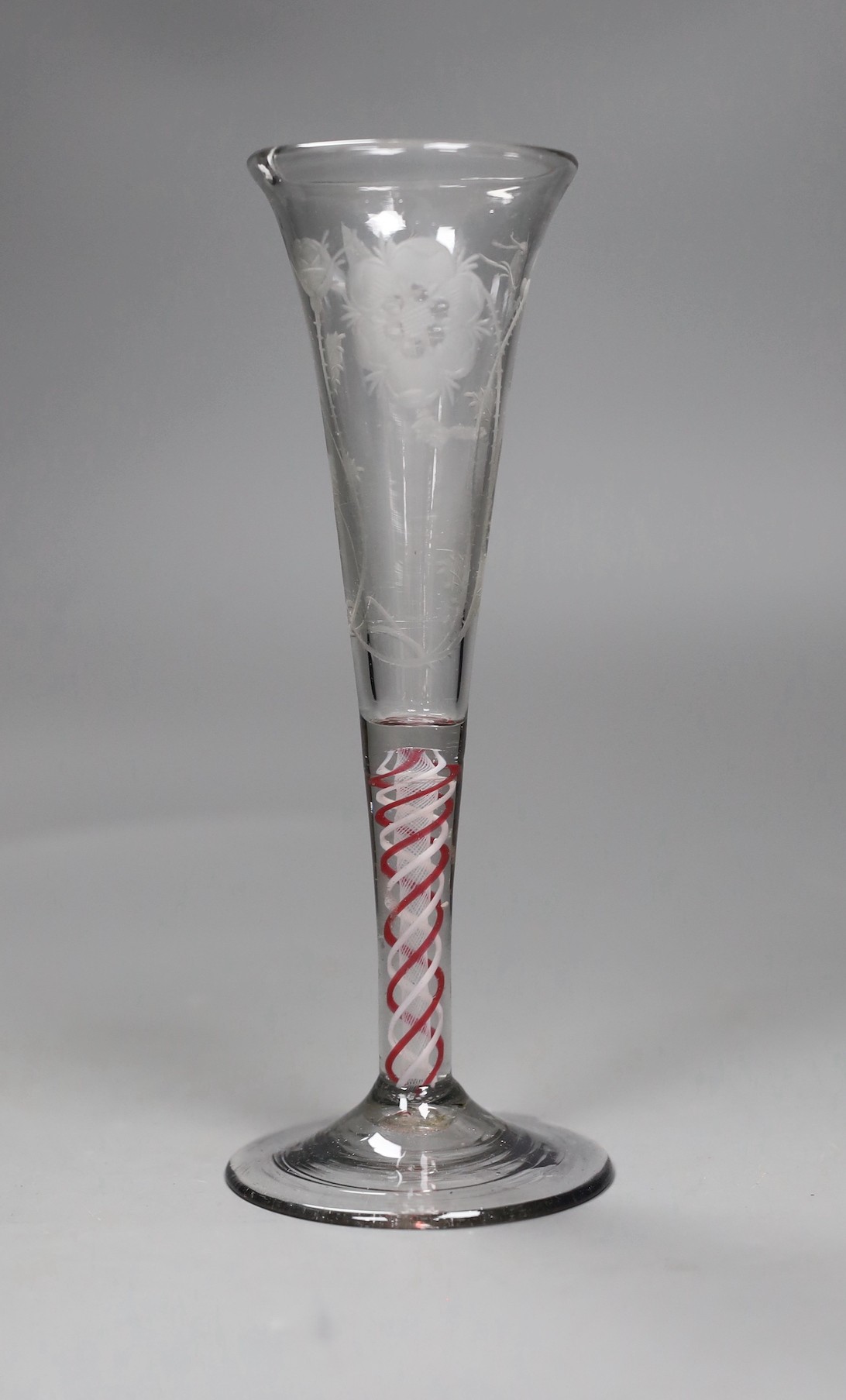 A red and white colour-twist Jacobite flute, 18th century, 19cms high